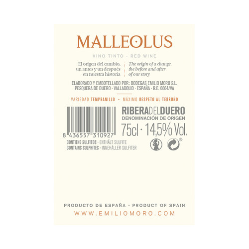 MALLEOLUS  Vino tinto crianza con D.O. Ribera del Duero botella de 75 cl.