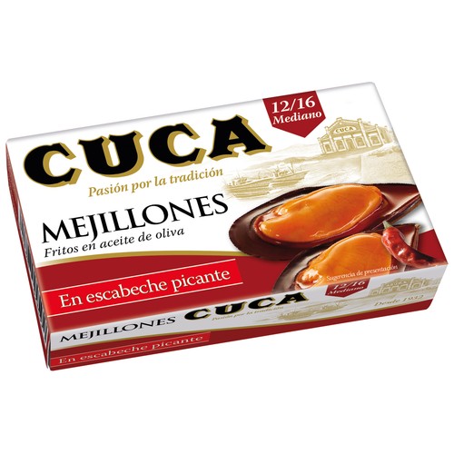 CUCA Mejillones medianos (12/16) fritos en aceite de oliva, en escabeche picante 69 g.