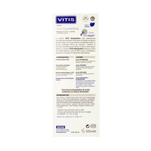 VITIS Enjuague bucal sin alcohol que blanquea eficazmente y previene la sensibilidad dental VITIS 500 ml.