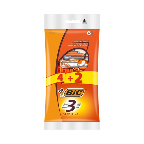 BIC Sensitive 3 Maquina de afeitar desechable, con cabezal de triple hoja 6 uds.