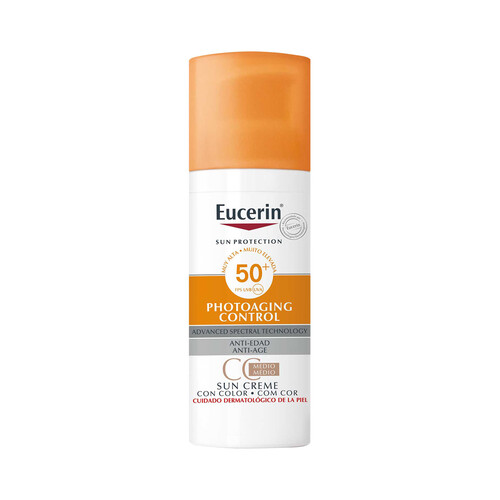 EUCERIN Crema facial cc cream, tono medio, acción antiedad con FPS 50+ ( muy alto), especial piel sensible EUCERIN Photoaging control 50 ml.