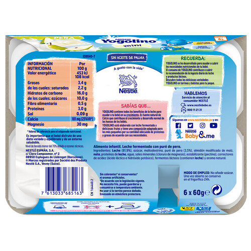YOGOLINO Postre lácteo de pera, adaptado para bebés, a partir de 6 meses YOGOLINO Mini de Nestlé 6 x 60 g.