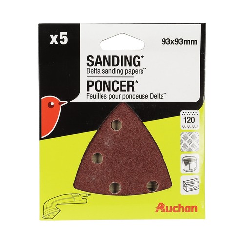Pack 5 hojas lija triangular 93X93mm, G120, PRODUCTO ALCAMPO.