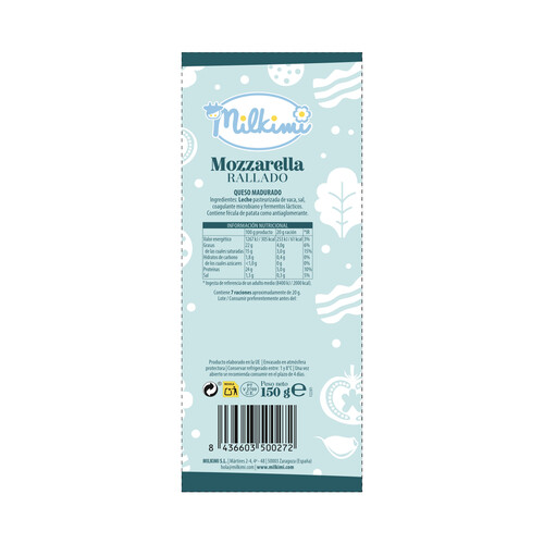 MILKIMI Queso rallado Mozzarella MILKIMI 150 g.