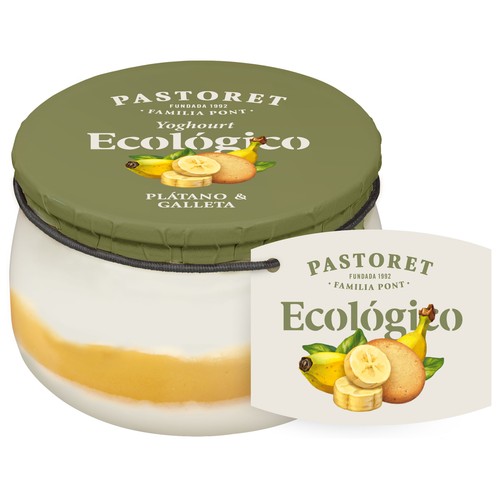 Yogur de plátano y galleta, ecológico PASTORET, 135 g.