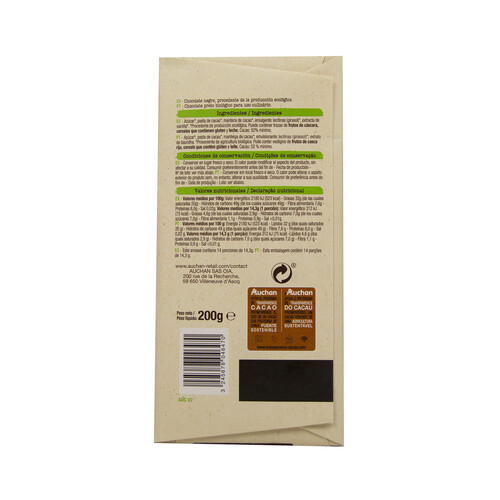 ALCAMPO ECOLÓGICO Chocolate negro ecológico uso culinario, 52 % cacao ALCAMPO ECOLÓGICO 200 g.