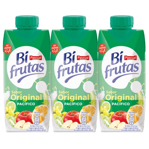 BIFRUTAS Leche con zumo de frutas del pacífico y 0% materia grasa BIFRUTAS de Pascual 3 x 330 ml.