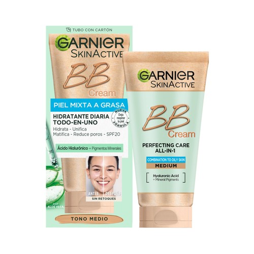 GARNIER Skin active BB Cream Crema correctora y anti-imperfecciones para pieles mixtas a grasas, tono medio y SPF 20 40 ml.