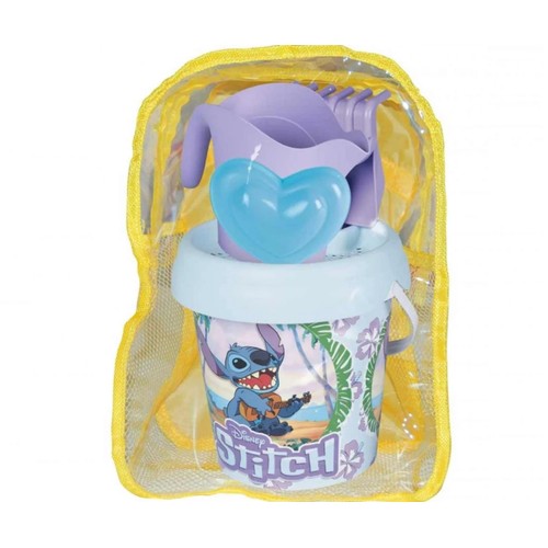 Mochila de playa con cubo para hacer castillos con pala, rastrillo y moldes STITCH.