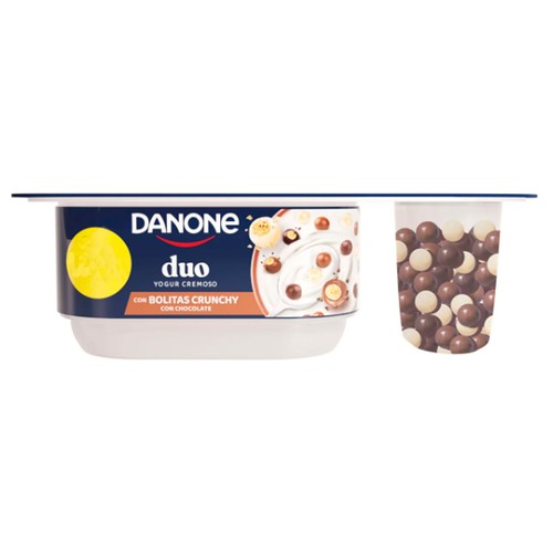 DANONE Duo Yogur cremoso azucarado con bolitas crujientes de arroz y trigo cubiertas de chocolate 100 g.