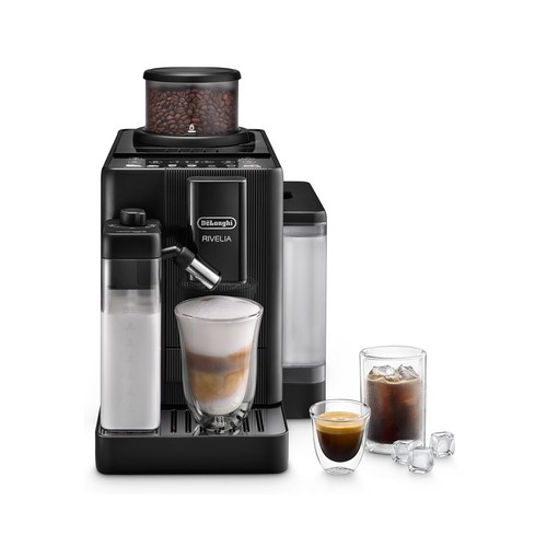 Cafetera espresso superautomática DE'LONGHI Rivelia Start Black, color negro, 2 tazas, presión 15bar, café en grano o molido, panel digital, 1450W.