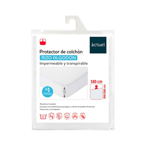 Protector colchón 180X190/200cm hasta 30cm de altura, rizo algodón, transpirable. ACTUEL
