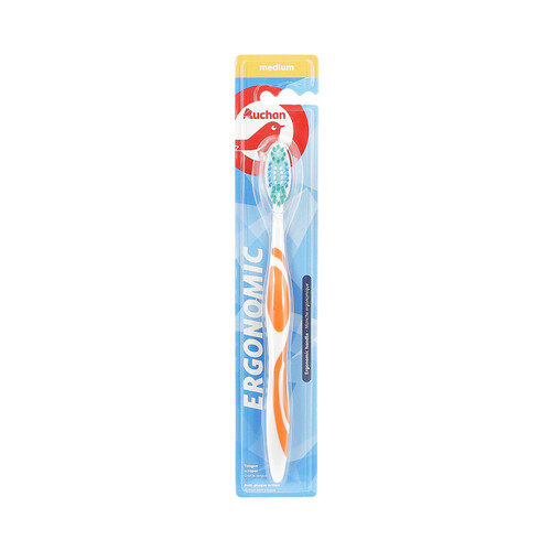 PRODUCTO ALCAMPO Cepillo de dientes con raspador de lengua y filamentos medios AUCHAN Ergonomic.
