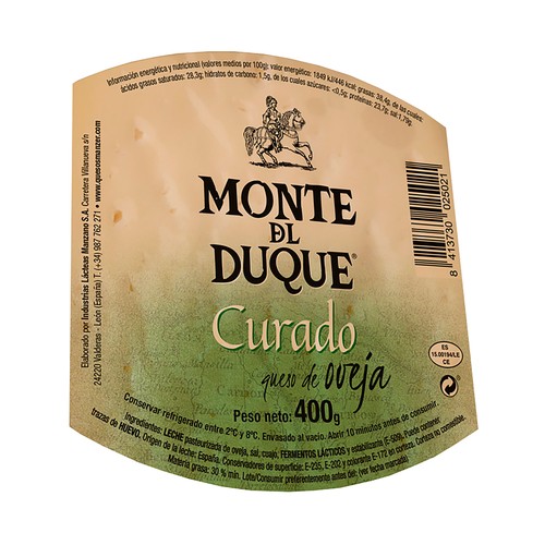 MONTE DUQUE Cuña de queso curado de oveja pasteurizada MONTE DUQUE 400 g.