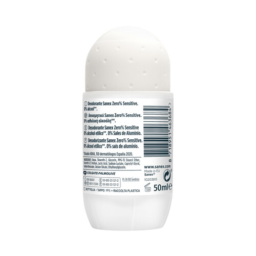 SANEX Zero % Sensitive Desodorante roll on para mujer, con protección antitranspirante hasta 24h, especial pieles sensibles 50 ml.
