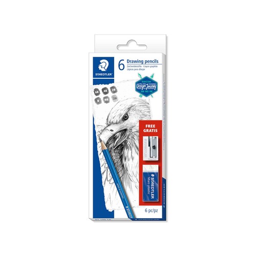6 Lápices de grafito (2H, HB, B, 2B, 4B, 6B) de alta calidad perfectos para esbozar, dibujar, ilustrar, escribir, (Regalo sacapuntas y goma), STAEDTLER.