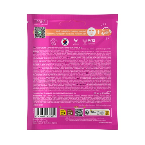 IROHA NATURE Post workout Mascarilla facial purificante con spirulina y ácido Hialurónico.