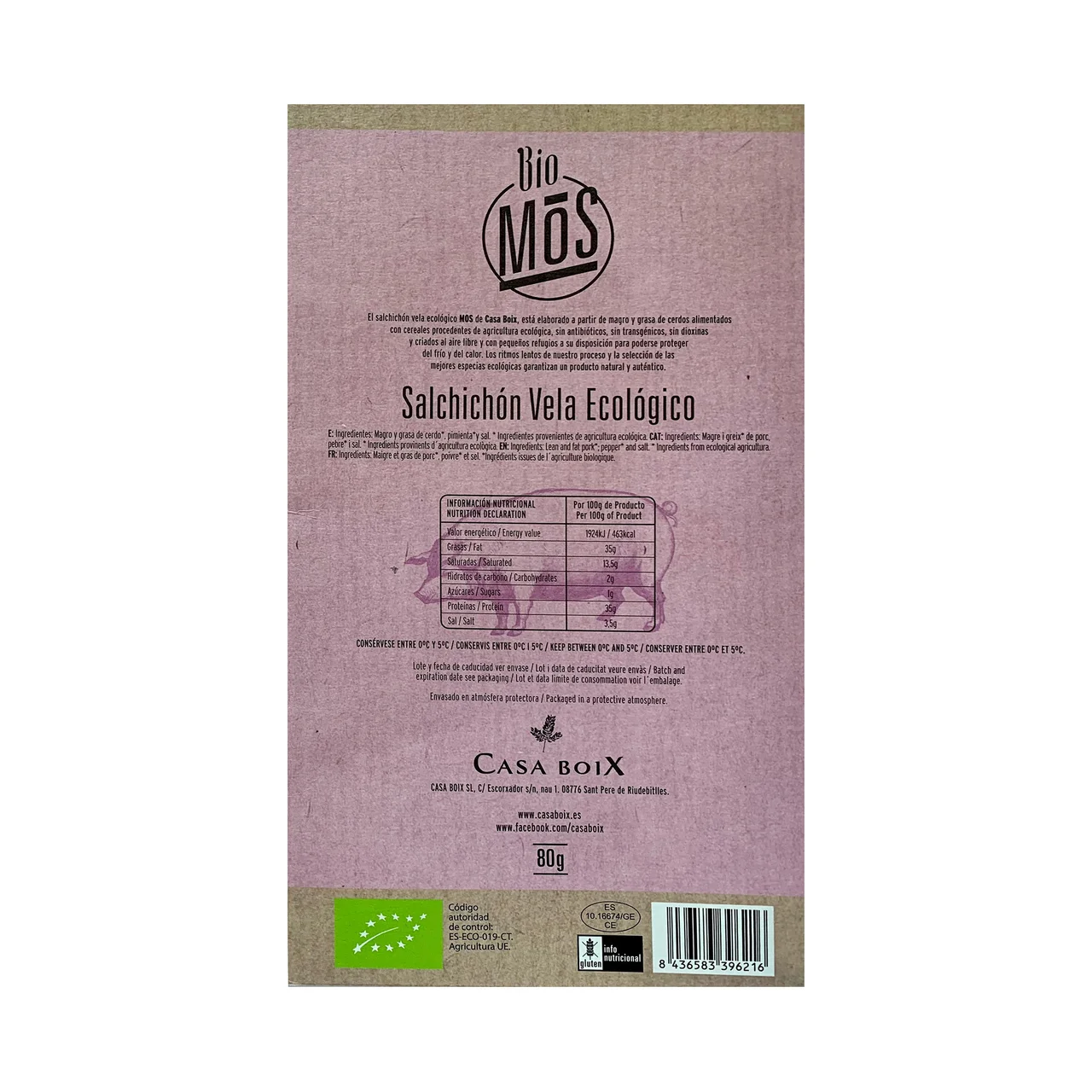 CASA BOIX Salchichón vela loncheado ecológico CASA BOIX 80 g.