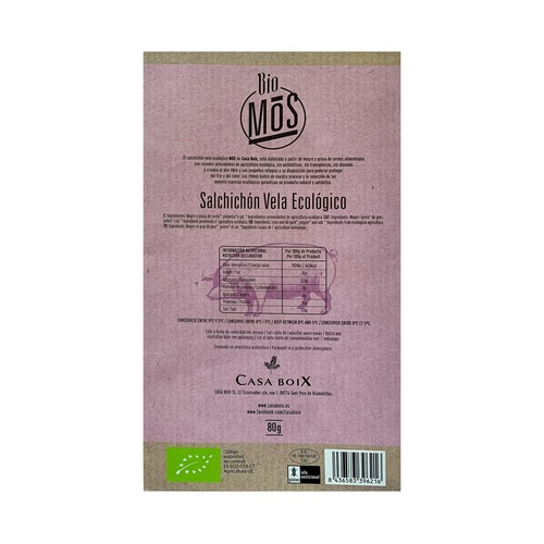 CASA BOIX Salchichón vela loncheado ecológico CASA BOIX 80 g.