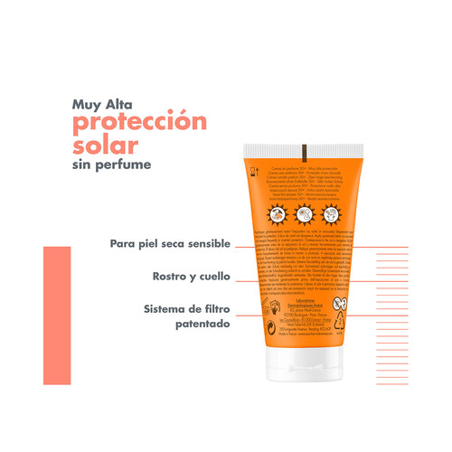 THERMALE AVÉNE Protector solar en crema, sin perfume, para pieles secas y sensibles y con FPS 50+ (muy alto) 50 ml. 