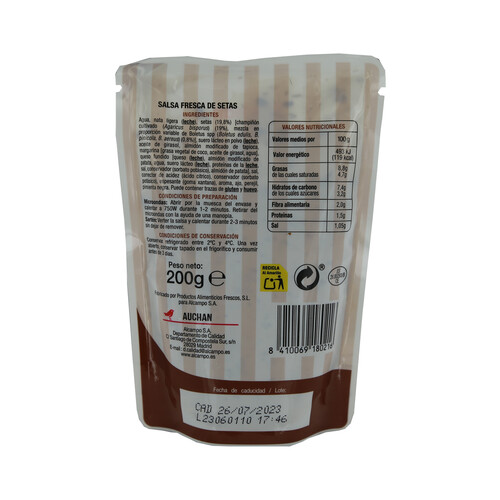 PRODUCTO ALCAMPO Salsa fresca de setas, lista para añadir a la pasta, calentar y comer PRODUCTO ALCAMPO 180 g.