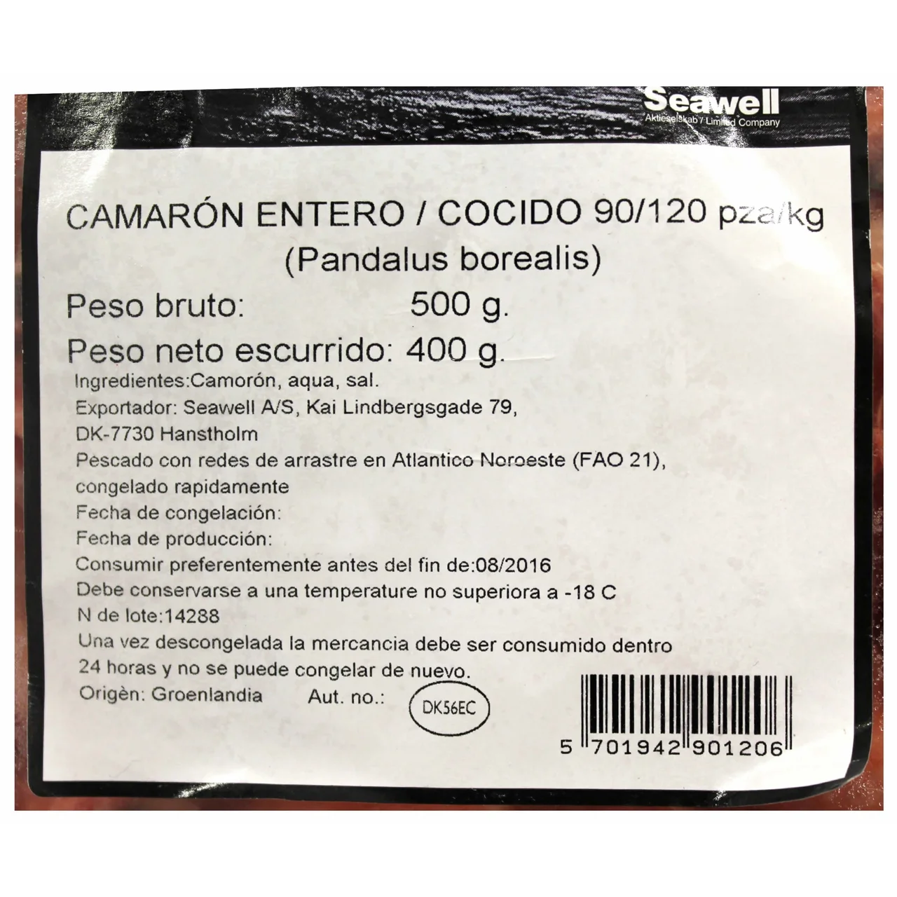 SEAWELL Camarón cocido 90/120 y ultracongelado SEAWELL 450 g.