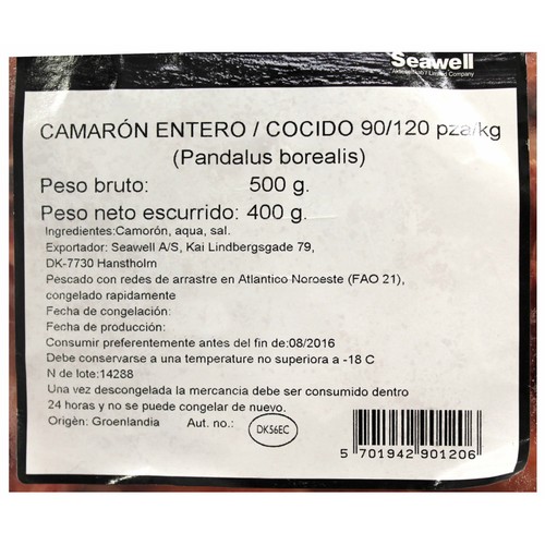 SEAWELL Camarón cocido 90/120 y ultracongelado SEAWELL 450 g.