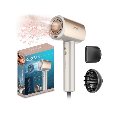 Secador de pelo CECOTEC Dryglam Nano Plasma color champán, 1600W, 3 velocidades, 3 temperaturas.