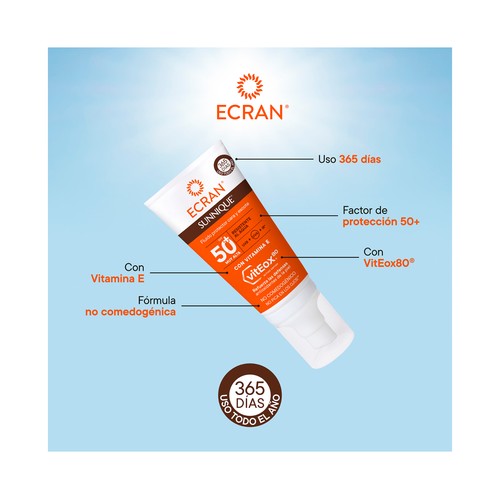 ECRAN Sunnique Fluido facial protector para cara y escote con FPS 50+ (muy alto) 50 ml.