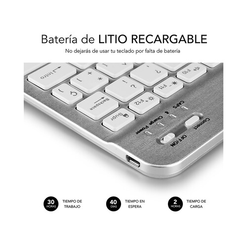 Teclado Bluetooth SUBBLIM SMART BT KEYBOARD plata, diseño Slim, batería de litio, conector Micro-USB.