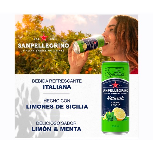 SANPELLEGRINO Agua con gas mineral sabor limón y menta 330 ml.