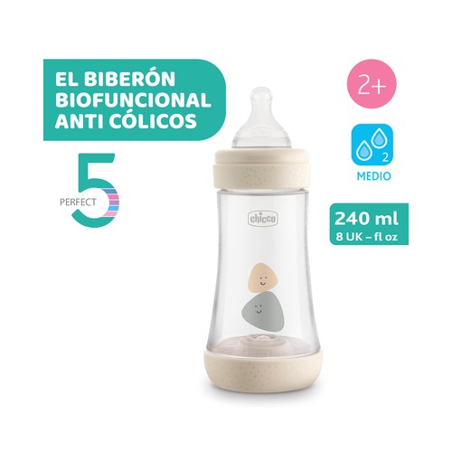 CHICCO Biberón de 240 ml con tetina de silicona, flujo medio y sistema anticólicos, a partir de 2 meses CHICCO Perfect 5.