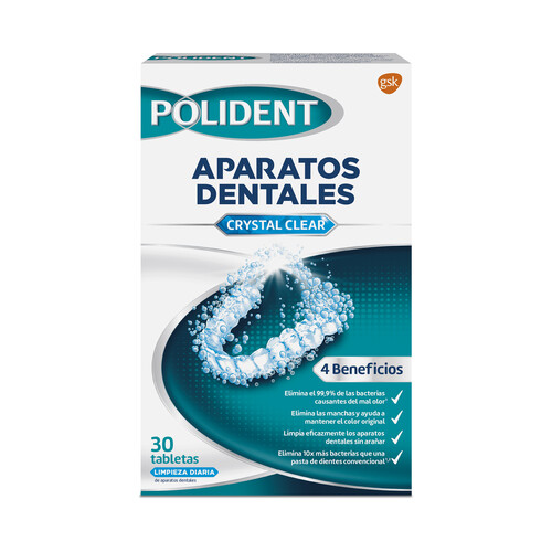 POLIDENT Pastillas limpiadoras diarias de prótesis dentales POLIDENT Crystal clear 30 uds.