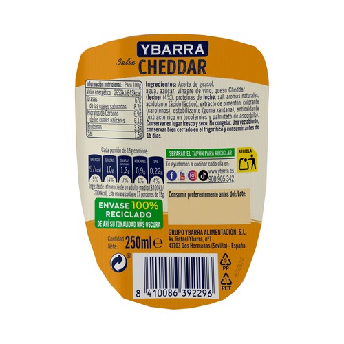 YBARRA Salsa Cheddar especial para dipear y burger, sin conservantes 300 ml.