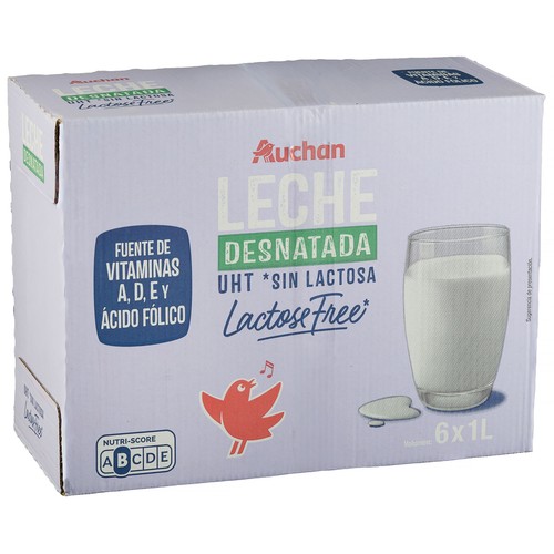 AUCHAN Leche desnatada de vaca sin lactosa 6 x 1 l Producto Alcampo.