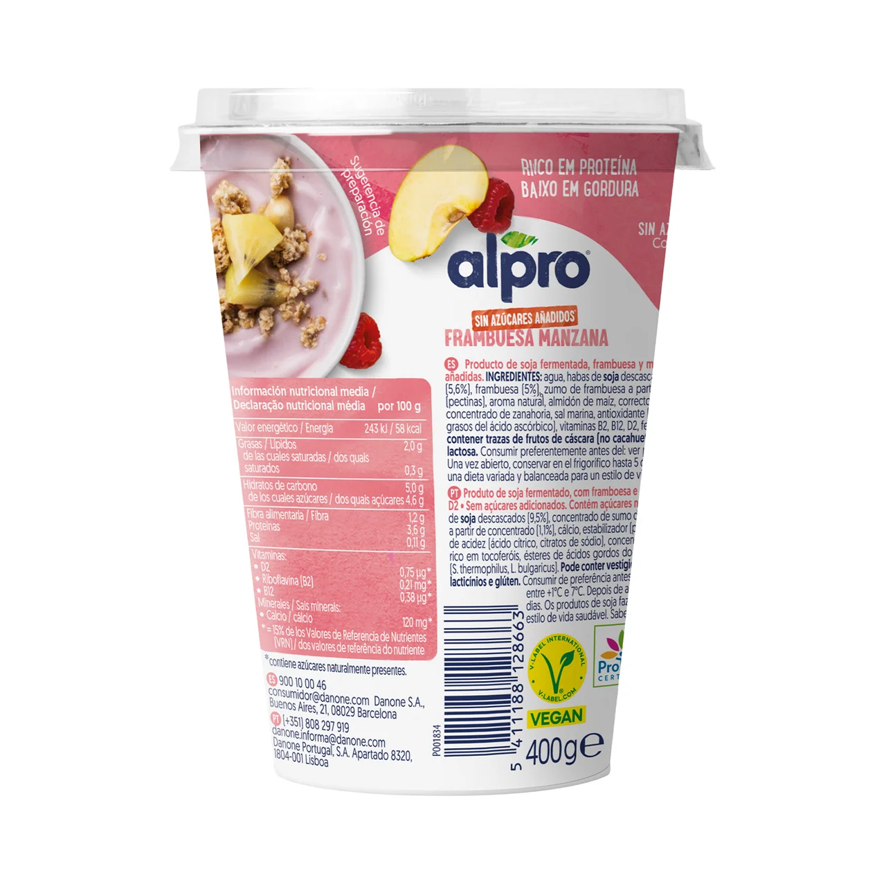 Especialidad 100% vegetal de soja con frambuesa y manzana 400 g