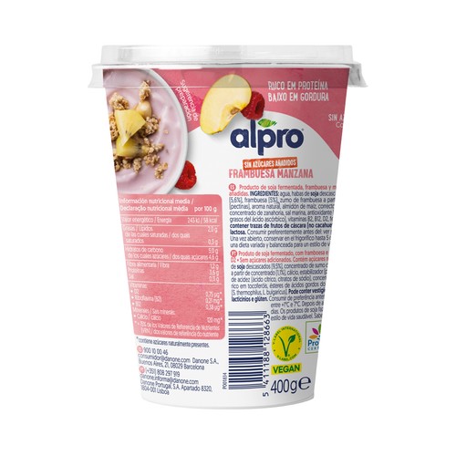 ALPRO Especialidad 100% vegetal de soja con frambuesa y manzana 400 g