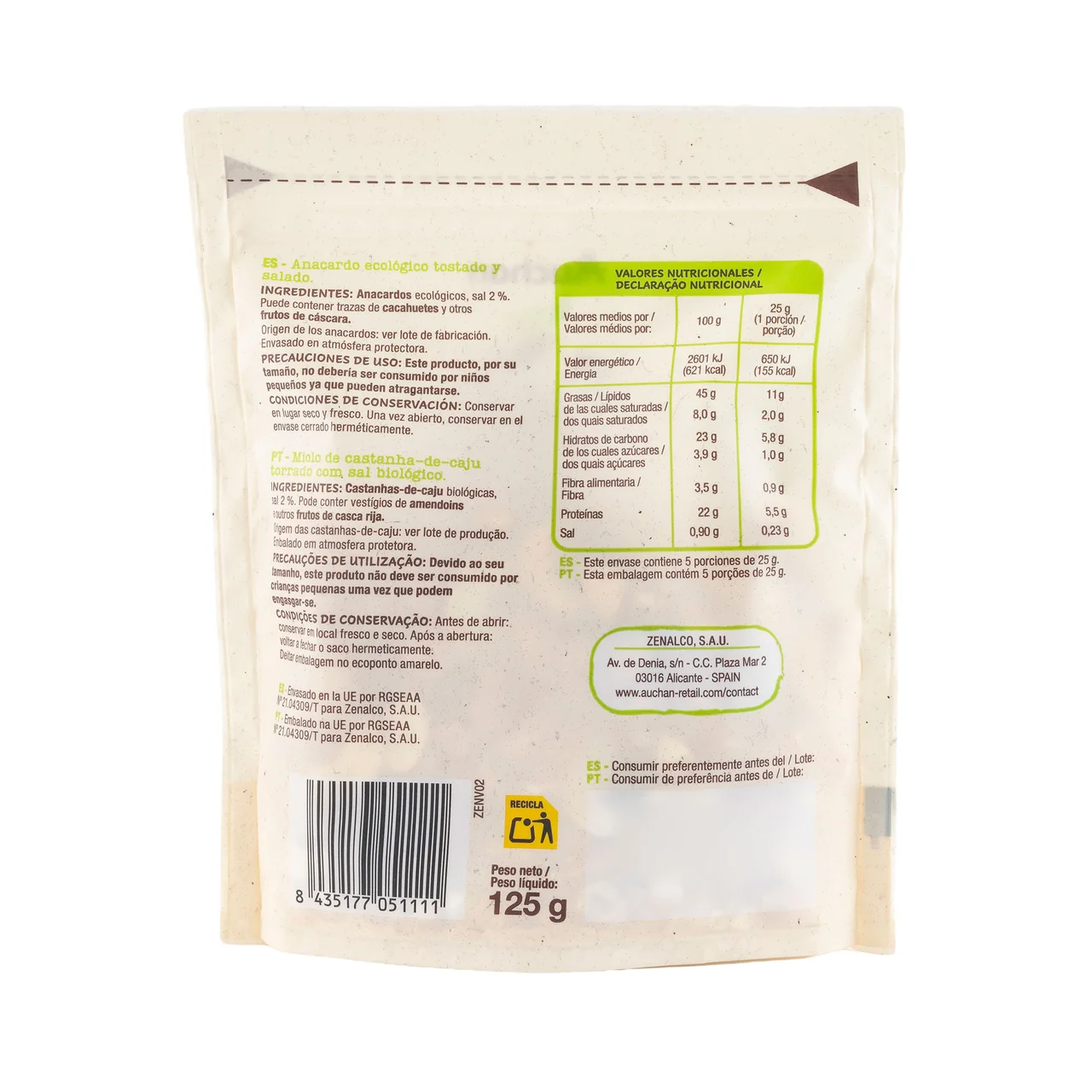 ALCAMPO ECOLÓGICO Anacardos tostados y salados 125 g