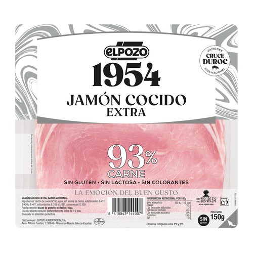 EL POZO 1954 Jamón cocido de categoria extra, sin lactosa, ni colorantes, cortado en lonchas 150 g.