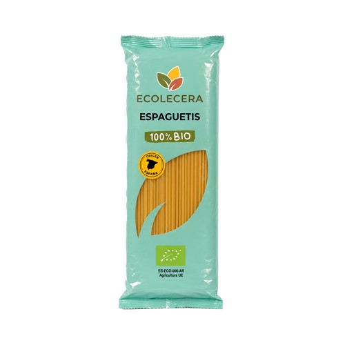 ECOLECERA Pasta espaguetis 100% ecológicos, pasta de sémola de trigo duro de calidad superior 500 g.