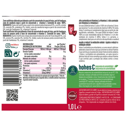 HOHES C Antiox Nutribebida con sabor a uva, arándano y aronia  1 l.