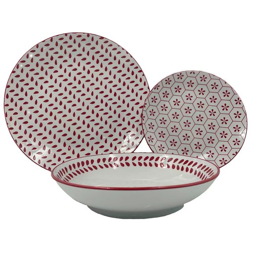 Vajilla porcelana ACTUEL de 18 piezas, decoración geométrico rojo.