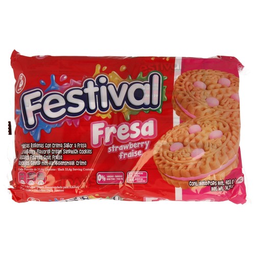 FESTIVAL Galletas rellenas con crema sabor a fresa 415 g.
