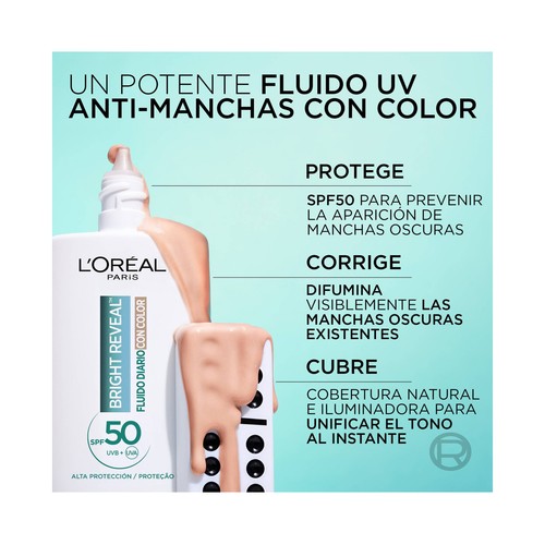 L´ORÉAL PARIS Bright reveal tono claro Fluido facial antimanchas con Niacinamida y FPS 50+ 50 ml.
