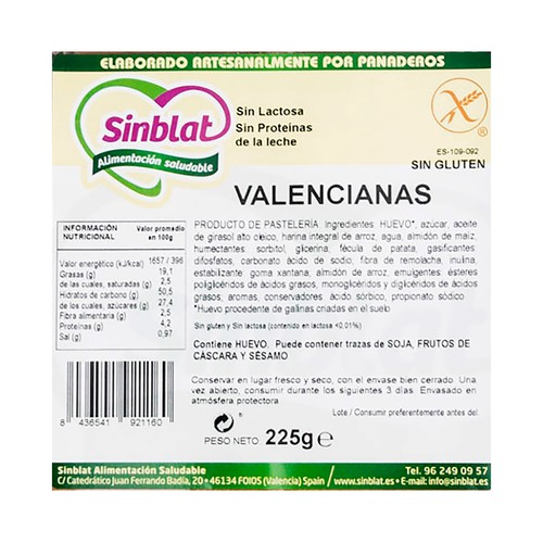 SINBLAT Magdalenas Valencianas sin gluten SINBLAT, 225 g.