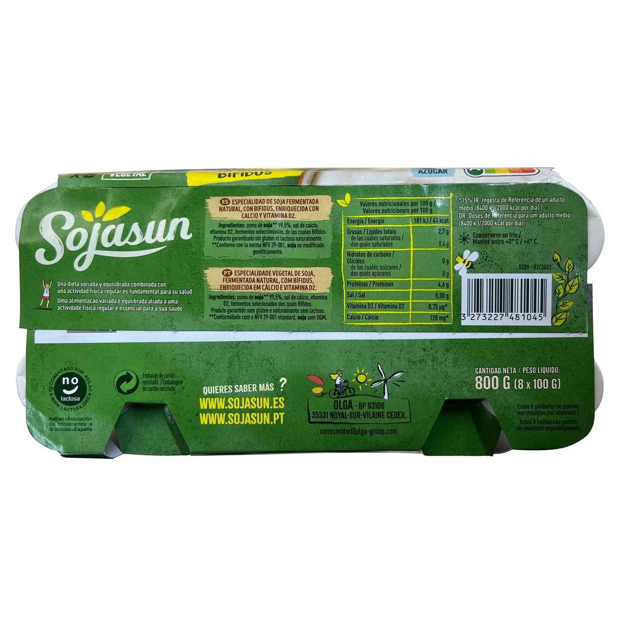 Especialidad de soja con bífidus, sin azúcar y con sabor natural 8 x 100 g.