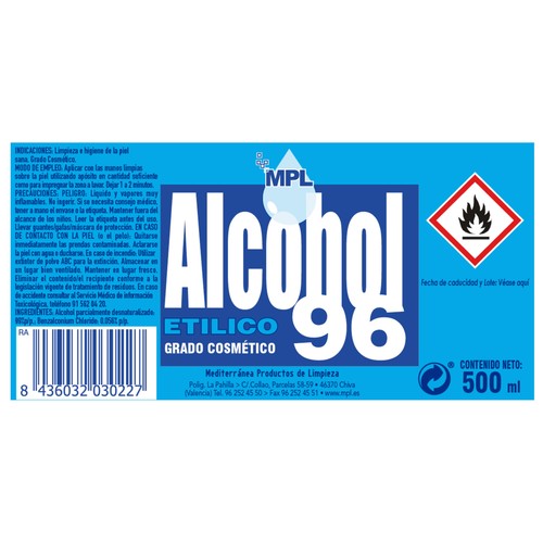 MPL Alcohol de grado cosmético (96º) para la limpieza e higiene de la piel sana MPL 500 ml.