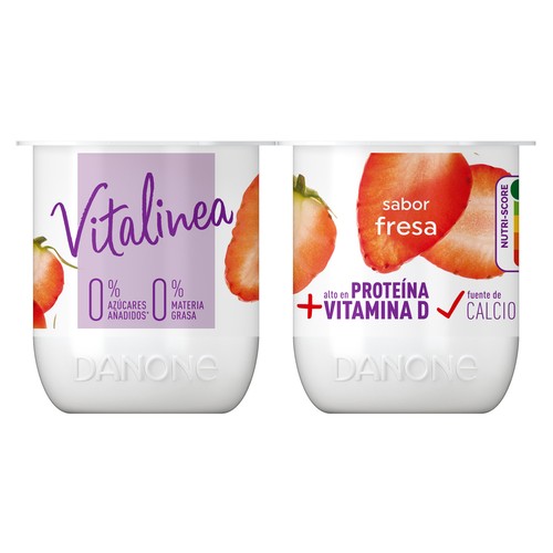 VITALINEA Yogur desnatado 0% materia grasa, con sabor a fresa de Danone 4 x 120 g.