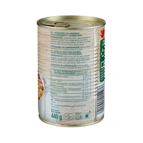 PRODUCTO ALCAMPO Garbanzos con verduras lata de 440 g.