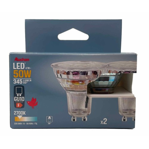 Pack 2 bombillas Led GU10, 4,7W=50W, luz cálida, 345lm, ALCAMPO.
